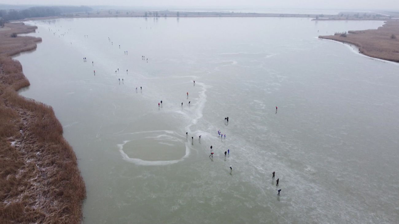 Nieuws - Schaatsers wagen zich op ijs Oostvaardersplassen, bekijk de dronebeelden